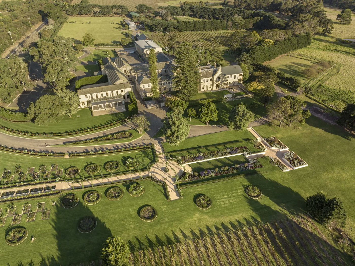 Aerial view of the Sunnyside estate, its formal gardens and lawns in Mount Eliza